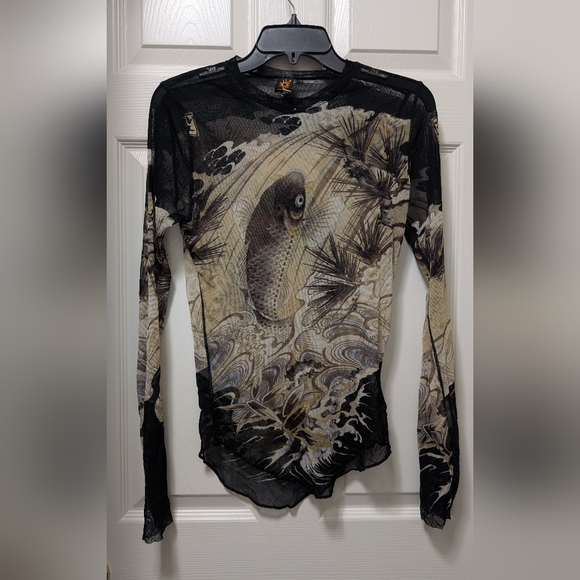 Jean Paul Gaultier Soleil 90s Japanese Tattoo Koi Fish Long Sleeve Mesh Shirt M - Picture 1 of 8